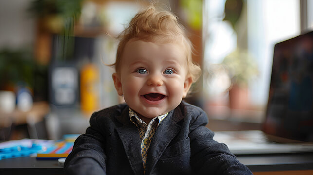 cute business baby boy in business coat, generative Ai