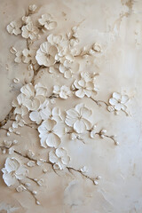 This is a textured painting of clustered white flowers sprawling across a beige canvas with a three-dimensional effect