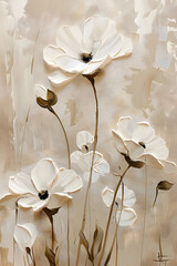 A vertical digital artwork showcasing a single, stylish white flower against a textured beige backdrop