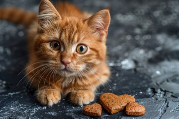 Front view of a cat is laying on the ground next to heart shaped treats