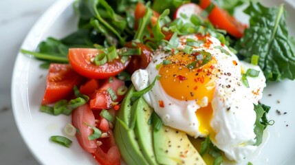 Close up view of a plate with a poached egg, avocado and vegetables for a healthy and energetic breakfast