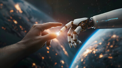 An illustration of human-robot unity with Earth in the background showcasing innovation