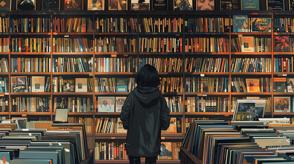 Solemn Young Adult in Bookstore, Immersed in Literature, Vast Bookshelves