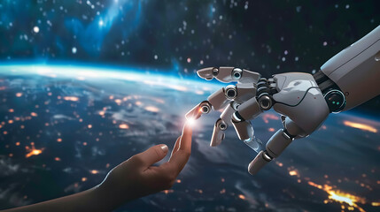 A futuristic image depicting a robotic hand reaching towards a human hand with a cosmic galaxy background, signifying human-robot connectivity