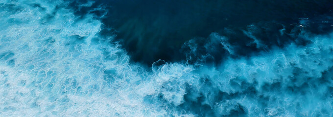 Banner Turquoise ocean sea water white wave pattern splashing deep blue sea. Banner Tropical sea...