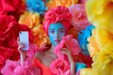 fashionable woman with colorful makeup holding a cell phone, surrounded by giant flowers