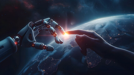 A human hand and a robot hand come together in space, representing human-robot collaboration