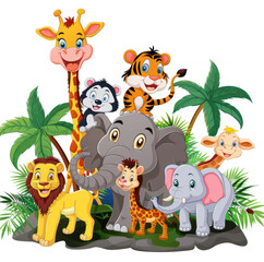 cartoon picture of animals on safari on a white background. No shadows