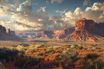 Grand Canyon Sunset, showcasing breathtaking landscape with red rocks, towering mountains, and vibrant skies