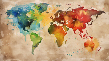 Watercolor World Map, Vibrant Multicolored Continents on Vintage Paper