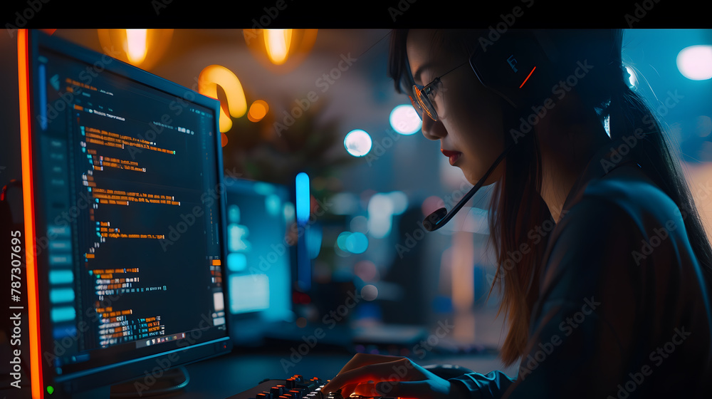 Poster Side view portrait of female IT developer typing on keyboard with black and orange programming code on computer screen and laptop in contemporary office interior copy space : Generative AI