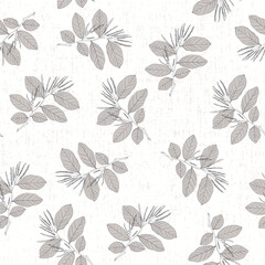 Seamless pattern of leaves and branches. Seamless pattern of leaves for print design, wallpaper. Grey leaves on white background.