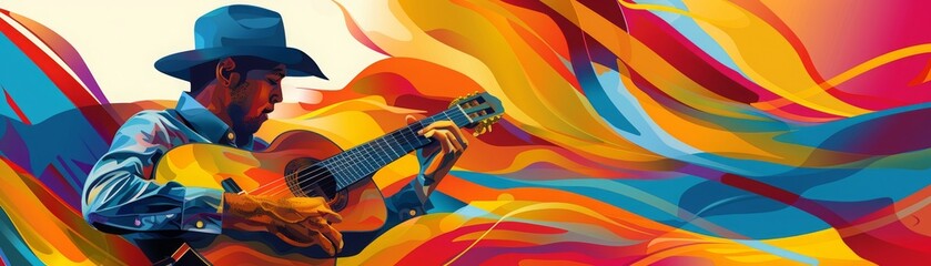 A silhouette of a musician playing the guitar, immersed in vibrant, flowing waves of color, evoking the rhythm and soul of the music. - obrazy, fototapety, plakaty