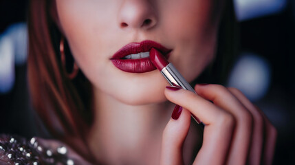 pretty lady applies lipstick on her lips