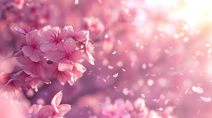 a sunny spring day in a cherry blossom garden, with delicate pink petals drifting through the air.