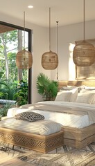 Scandinavian studio  pastel palette, spacious window, combined living, kitchen, bed