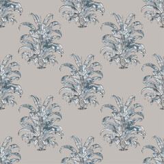 Seamless pattern with  botanical colorful  leaves on gray  background . Trendy vector pattern in tropical style. Seamless botanical print for textile, print, fabric. Summer background. 