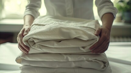 At the end of a long day a massage the carefully folds up their linens and packs up their materials ready to start again tomorrow. Their face reflects a sense of contentment and fulfillment .