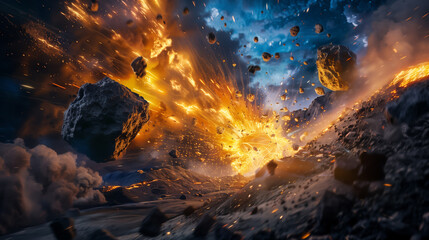 An asteroid colliding with a rocky mountain, the scene captured at high speed, showcasing the powerful, energetic explosion in vivid color for an advertisement - obrazy, fototapety, plakaty
