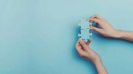 Young adult woman hand fingers holding and connecting different two white puzzle pieces on light blue table background. Pastel color. Closeup. Compatibility concept. Point of view shot.