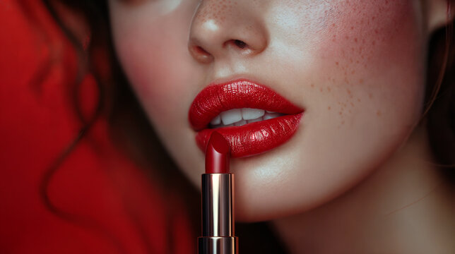 pretty lady applies lipstick on her lips