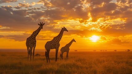 Three giraffes standing in a field during sunset.