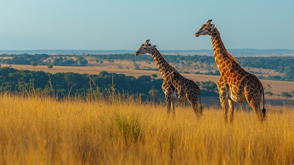 Two giraffes standing amidst tall grass in a savannah landscape.