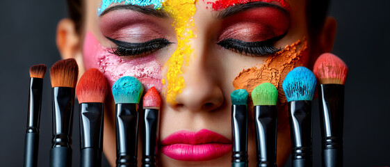 face of a beautiful woman with colorful makeup and paint brushes, cosmetics concept