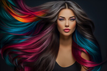 young and beautiful woman with long rainbow colors and black hair art design - 787308257
