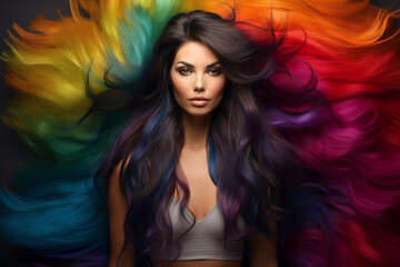 young and beautiful woman with long rainbow colors and black hair art design - 787308288