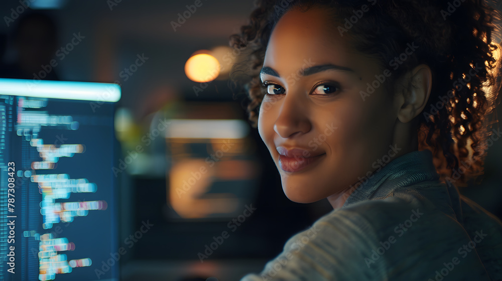 Poster Portrait of female IT developer looking at camera and smiling against programming code on computer screen in office interior copy space : Generative AI