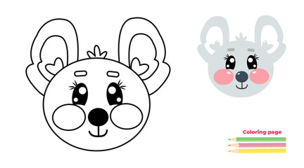 Cute outline grey mouse face, head. Coloring page illustration for kids. Kawaii mouse animal in line drawing	