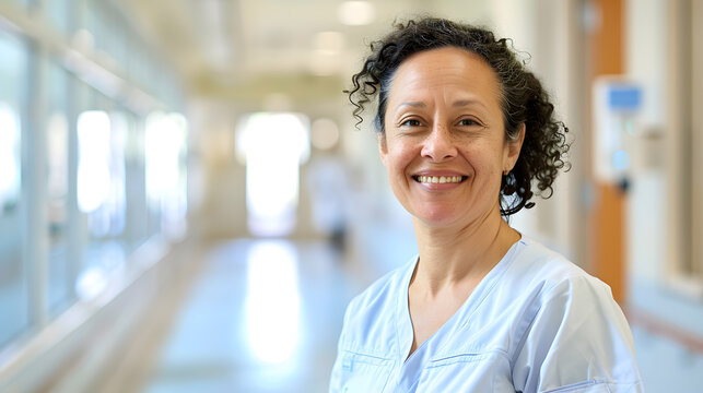 Portrait of smiling biracial female healthcare worker in hospital corridor copy space Hospital medical and healthcare services : Generative AI