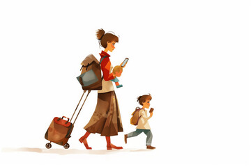graphic illustration of a young mother using cell phone while walking with her children