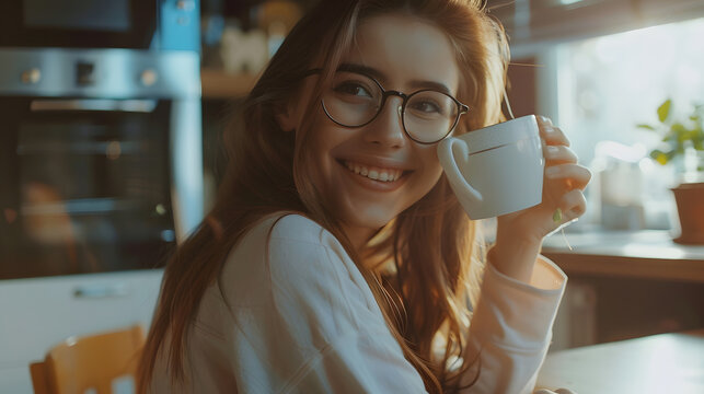 Portrait of happy freelancer lady enjoying cup of hot coffee in kitchen and smiling at camera free space Excited millennial woman sitting at table having break in work copy space : Generative AI