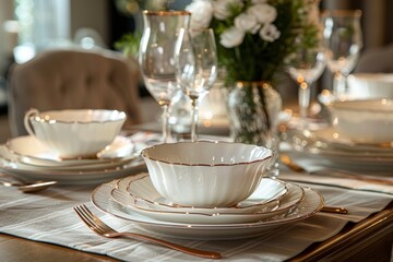 Embossed vintage cup and saucer with golden pattern, holiday table setting, selective focus