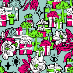 Gift box, ribbon and flowers seamless pattern for wrapping present with bow, party celebration, sale promotion, Textile print, fabric design, banner background. Hand drawn illustration cartoon style.