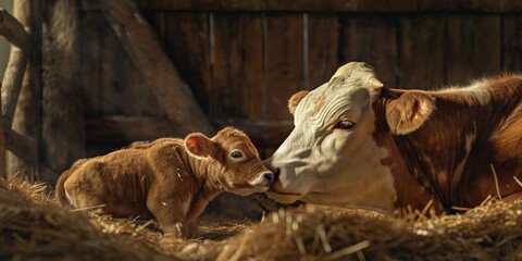 A tender scene of a mother cow softly touching her calf's head in a barn