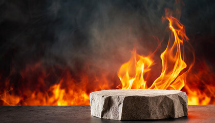 Stone podium with fire flames and smoke on dark background. Abstract empty pedestal