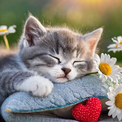 Graues, kleines niedliches Kätzchen mit weissen Pfoten schläft auf einem Kissen mit einem roten Schmuseherz und Gänseblümchen. Makro. Photorealistisch. Isoliert.