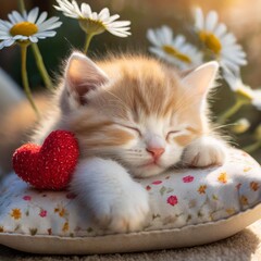 Niedliches beige weißes Kätzchen schläft mit einem roten Stoffherz und Gänseblümchen auf einem Polster im Sonnenschein.. Portrait. Nahaufnahme.