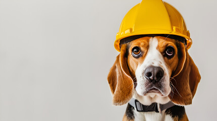 A beagle dog in a construction helmet on white background.
