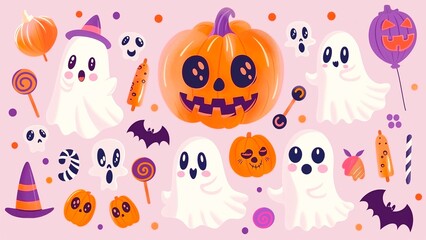 Cute Halloween pumpkins and ghost on a pink background.