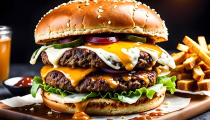 burger, in the style of an outdoors product hero shot in motion, dynamic magazine ad image, photorealism, best selling, food stock, stock photos	