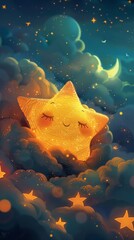 A dwarf star that dims when its sleepy over clouds and brightens up after resting, cozily illustrated - obrazy, fototapety, plakaty