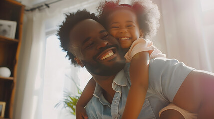 Happy black African American father daughter playing at home living room Afro man carry piggyback...
