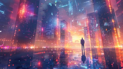 A man standing in the middle of a futuristic city with skyscrapers and bright lights. - obrazy, fototapety, plakaty