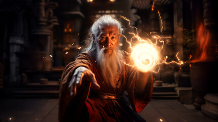an old Chinese master throws fire with his hands
