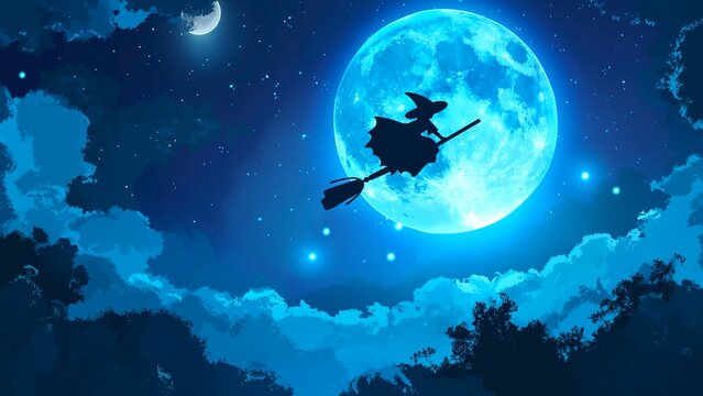 The witch flies on a broomstick in the night sky with a full moon.