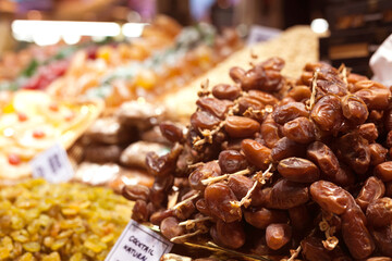 Sweet dried dates on the counter in market